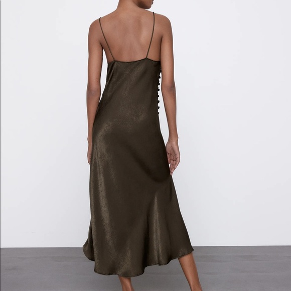 Zara Satin Lingerie Style Dress in Olive Green - Picture 4 of 11